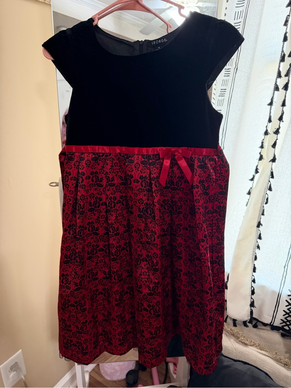 George Black Velvet Top with Red Floral Velvet Skirt Girls' Party Dress